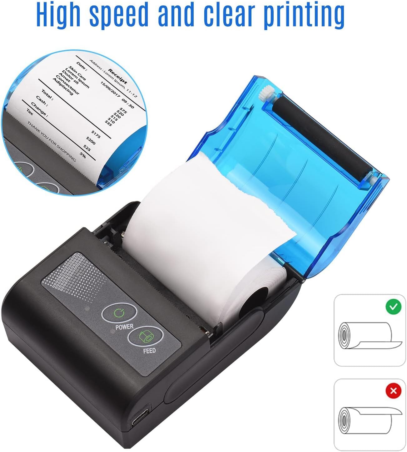 Mini Impresora Térmica Portátil,Xgr-Pos581 Impresora de Tickets de Recibos de Recibos USB Inalámbrica de 2 Pulgadas con Papel de Impresión de 58 mm Compatible con Android Windows