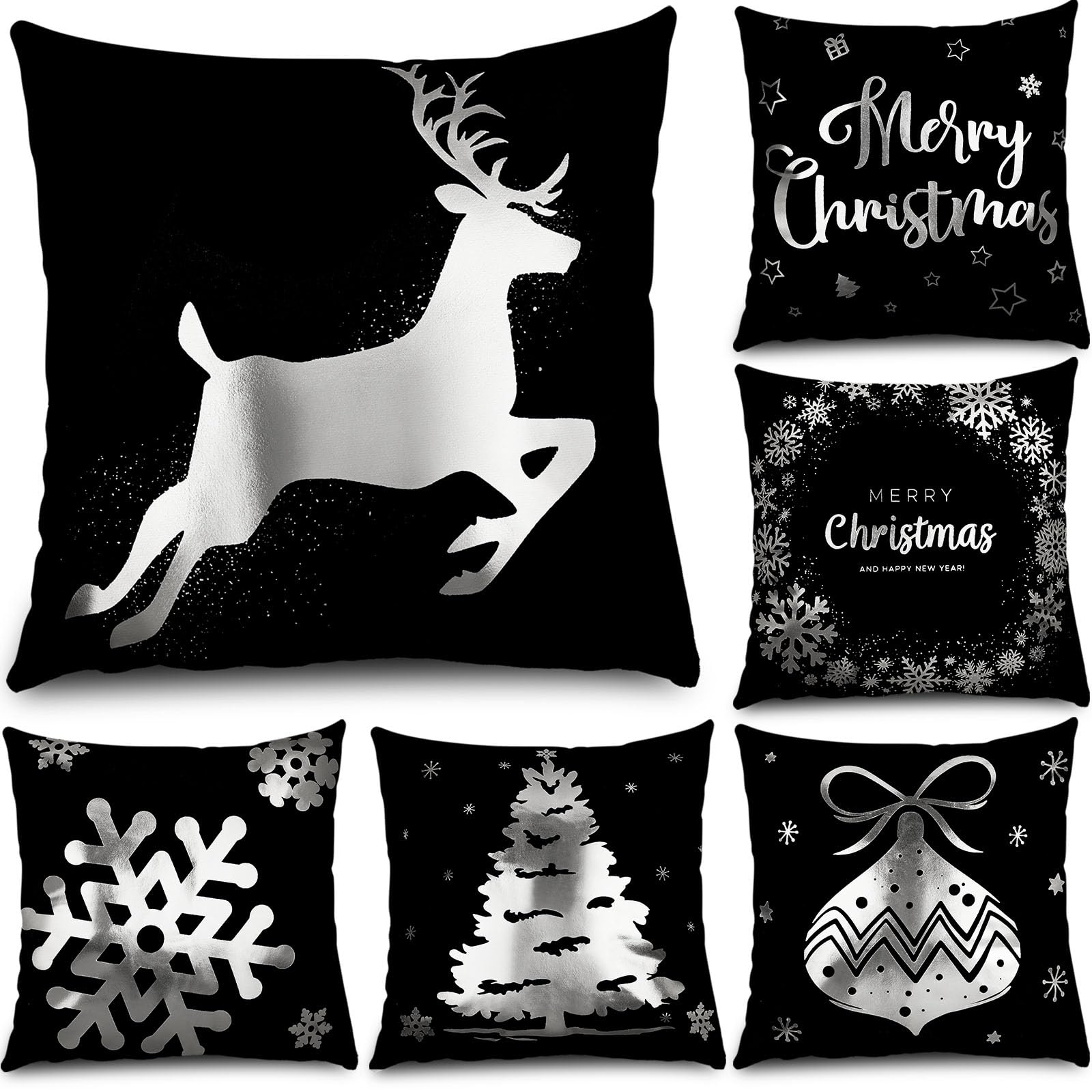 6 Pcs Housses de Coussin de Noël Taies d'oreiller Joyeux Noël Housses d'oreiller en Peluche pour Décoration d'hiver Vacances Canapé Sofa Bureau Chambre 45 x 45 cm (Noir, Argent)