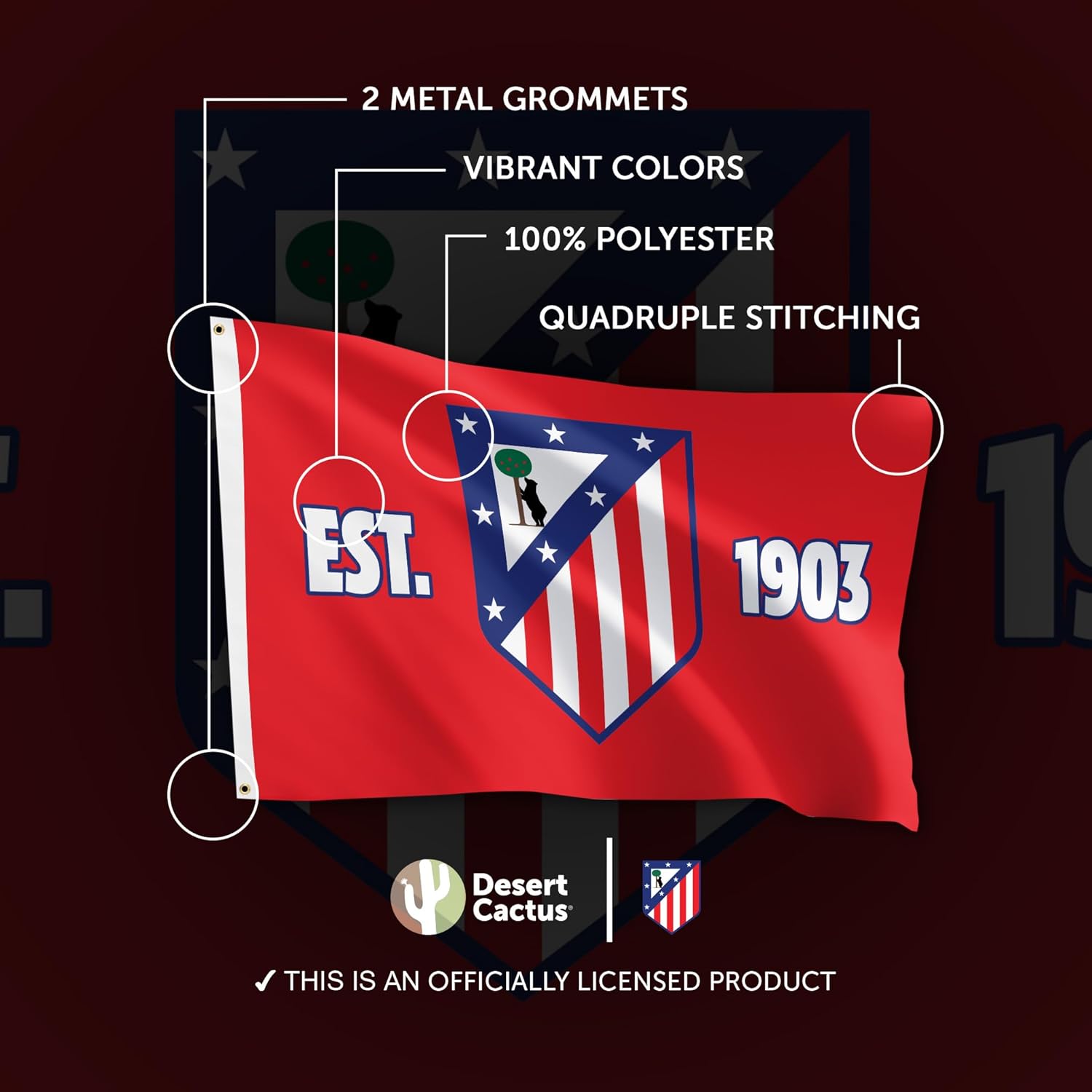 Desert Cactus Atletico Madrid Flag - 3 x 5 Feet Atleti Los Colchoneros Football Soccer Banner, Indoor/Outdoor Durable Fabric, 100% Polyester Design(F)