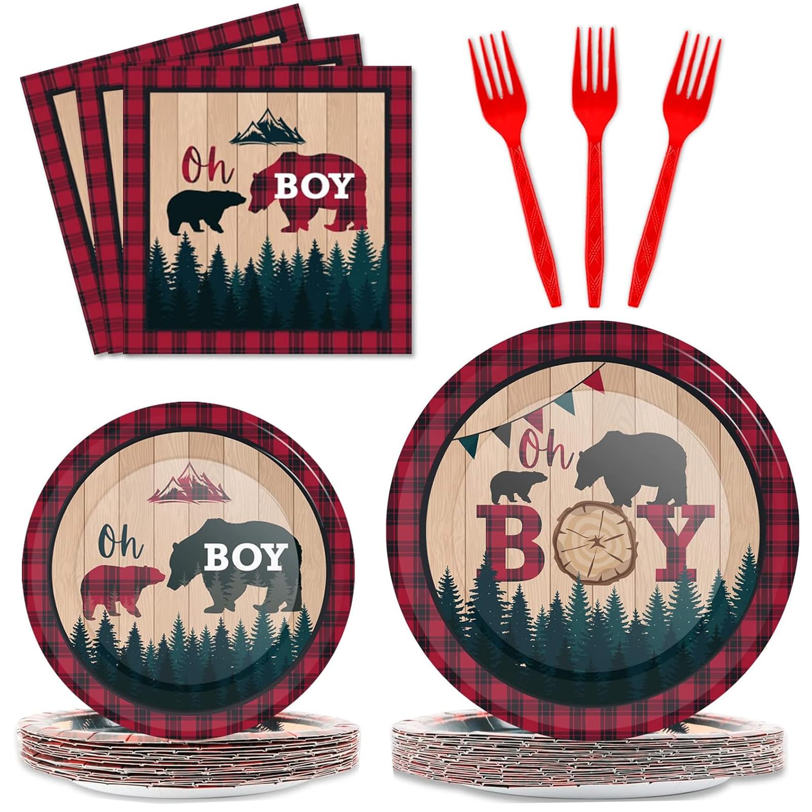 gisgfim 96 Pcs Buffalo Plaid Lumberjack Party Plates and Napkins Party Supplies Boy Red Plaid Party Tableware Set Christmas Decorations Favors for Birthday Baby Shower for 24 Guests