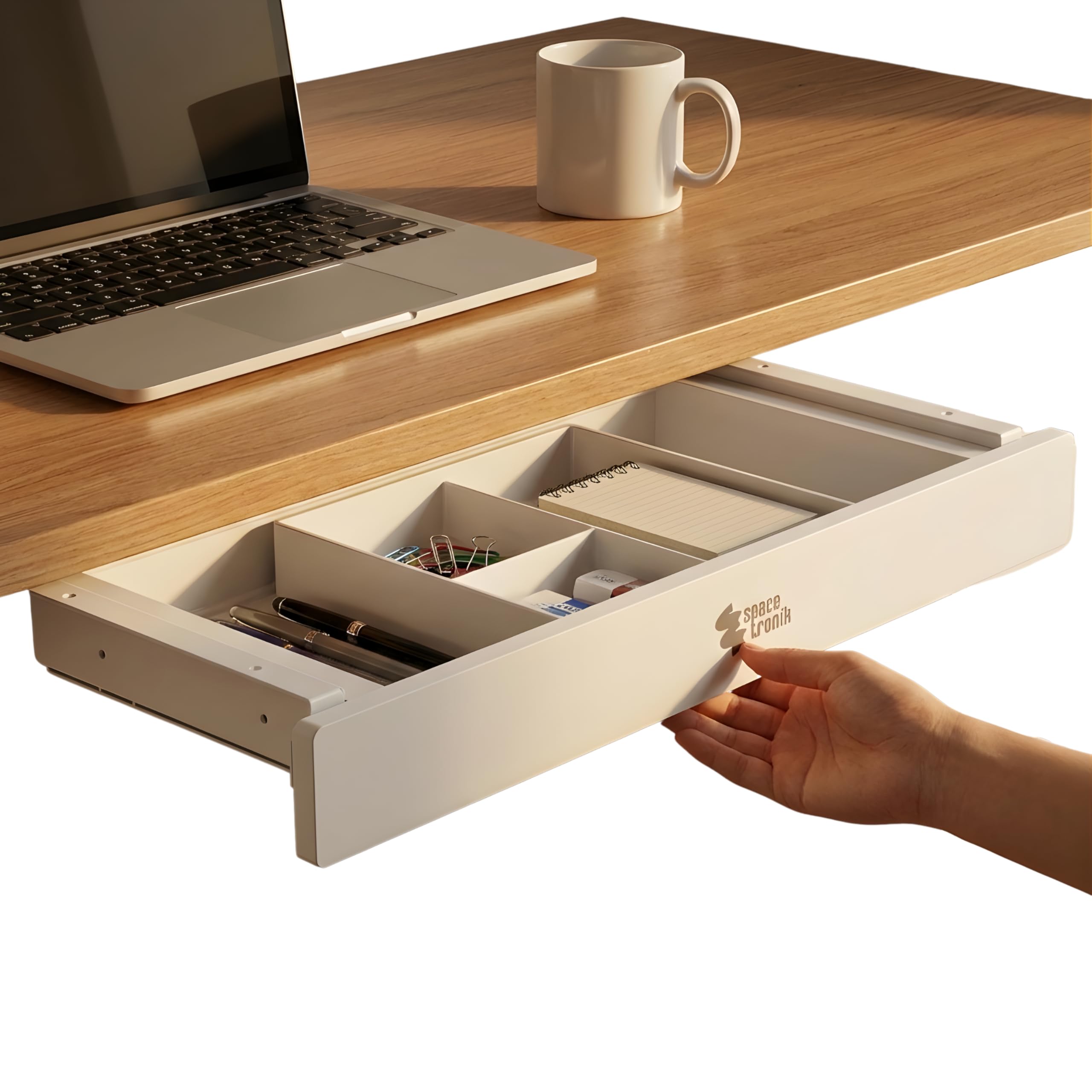 Spacetronik Cassetto sotto scrivania bianco, cassetto sottopiano con 5 scomparti, robusto cassetto inferiore, 718 x 230 x 61 mm, portata 5 kg, per ufficio, home office