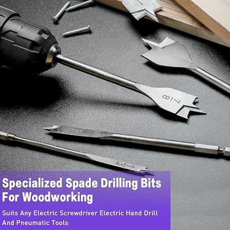 Spade Drill Bit Set, 15Pcs Carbon Steel Paddle Flat Bit with Quick Change Shank (1/4 to 1-1/2), Woodworking Drilling Flat Bits Suitable for Wood Plastic Rubber PVC Drilling Hole