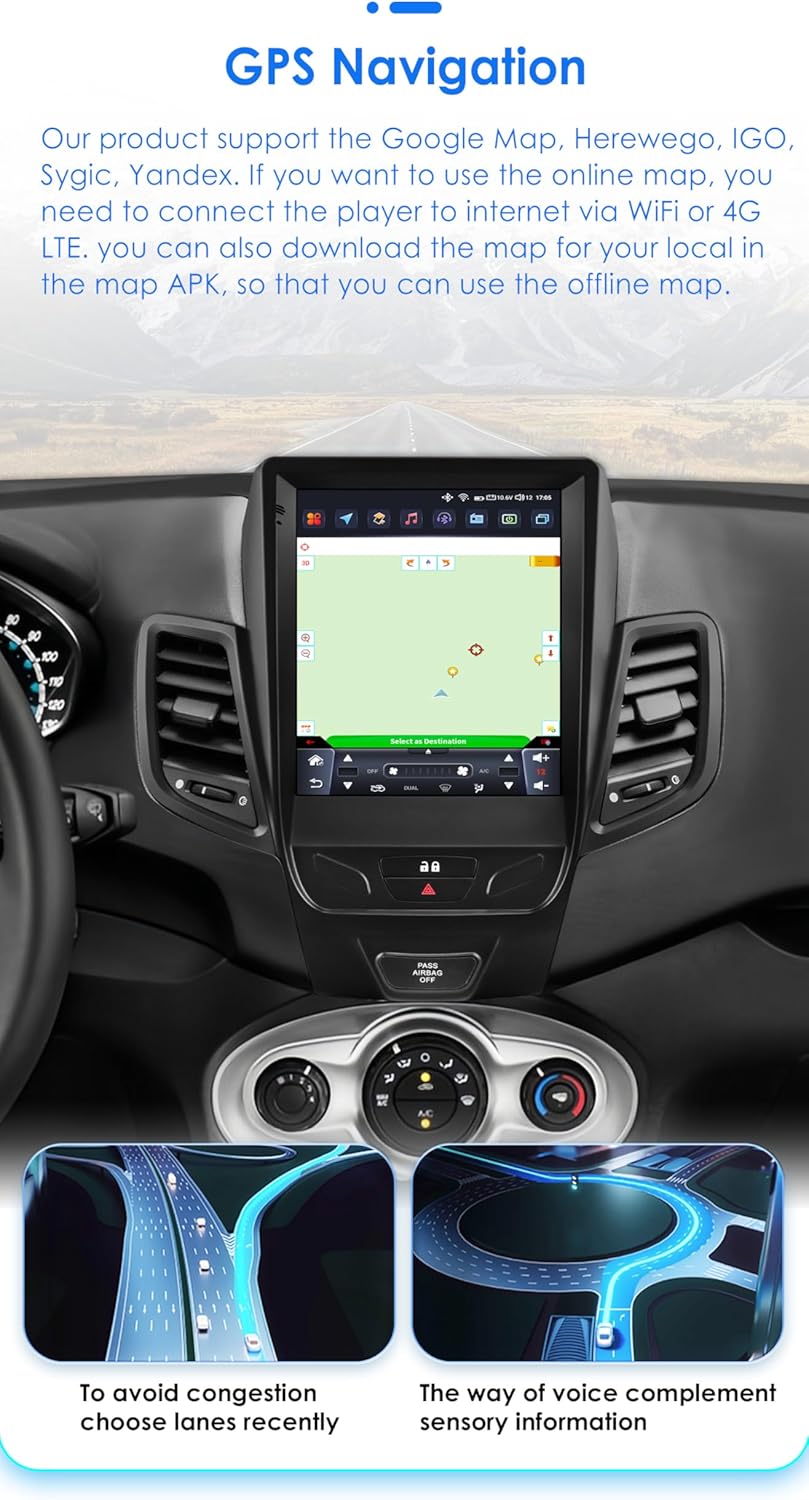 9.7 Inch HD Touchscreen Android 14 Stereo Car Radio Upgrade for Ford Fiesta 2009-2016 Wireless Carplay | Android Auto 8 Core 6G+64G WiFi GPS Navigation Bluetooth 5.0 AM FM,WC, Car Tablet