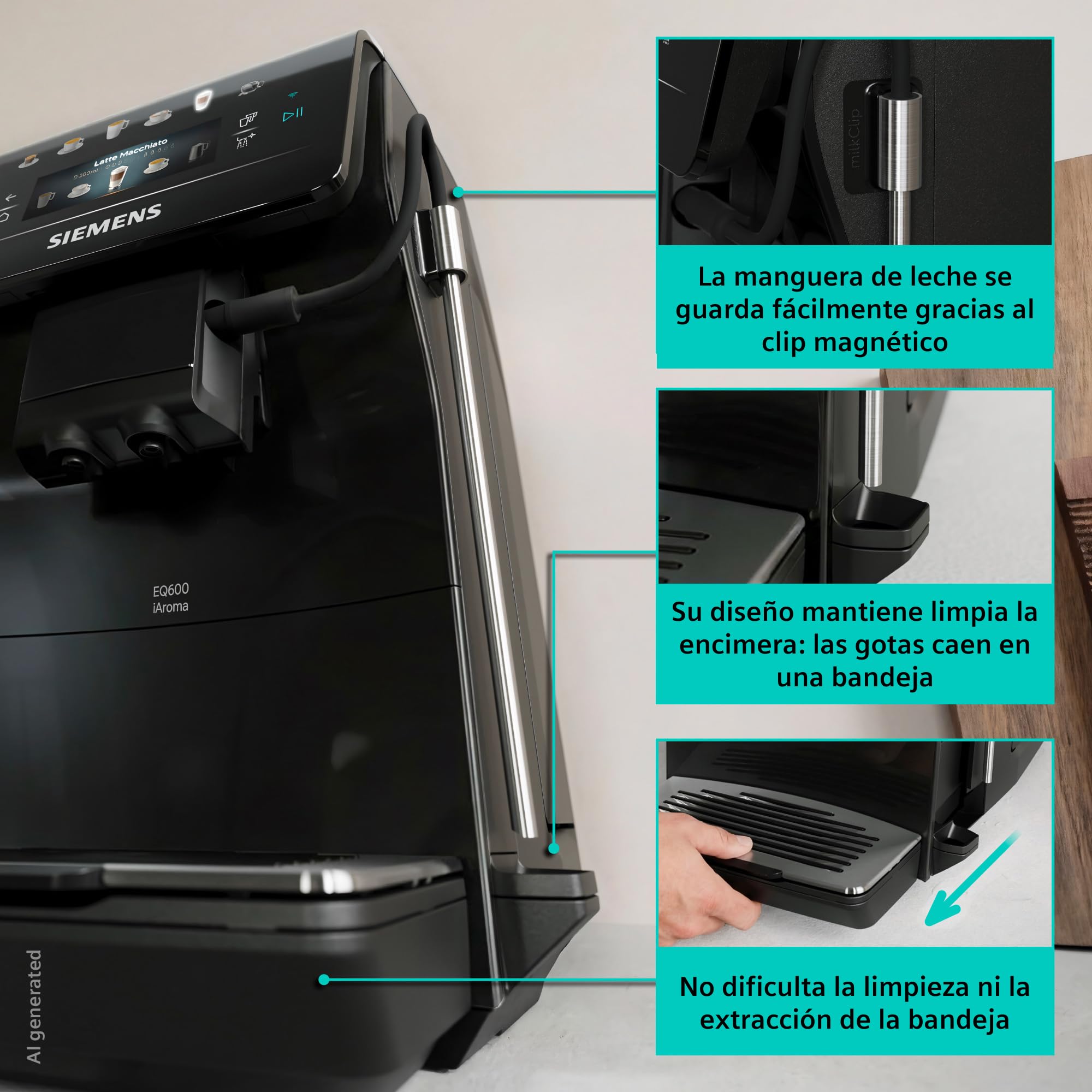 SIEMENS, Cafetera superautomática EQ600 iAroma Negro, TP601E09 | Facil de usar y limpiar, con molinillo y pantalla tactil. Prepara dos tazas a la vez