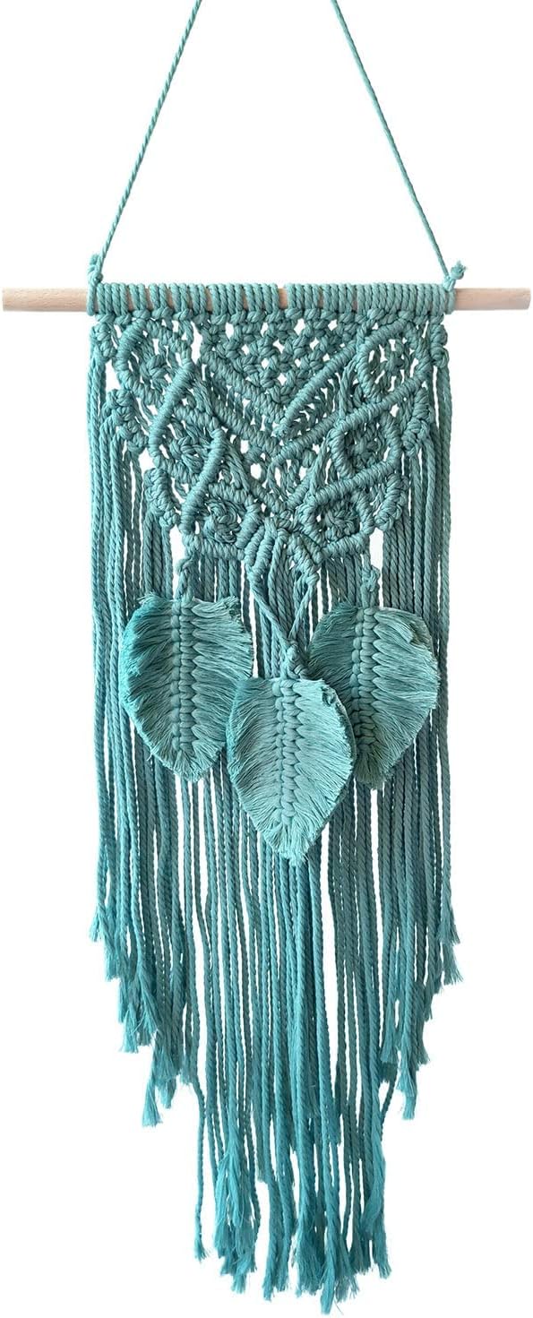Macrame Woven Wall Hanging, Boho Chic Home Decoration Art Wall Leaf Feather Handmade Tapestries Handmade Natural Cotton Suitable for Wedding Bedroom Living Room Background Wall(Blue)