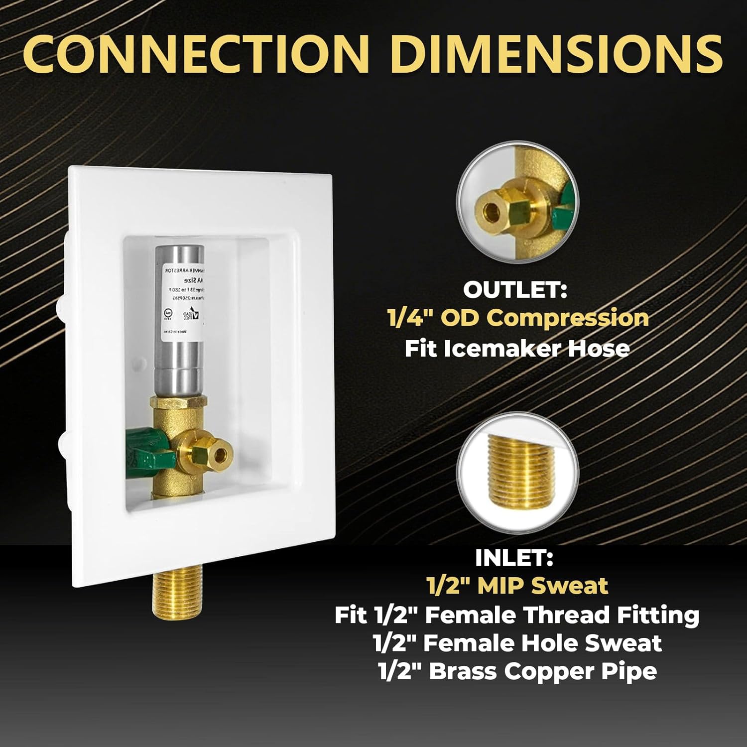 2 PCS Foskan 1/2" MIP Sweat Inlet Ice Maker Outlet Box (Pre-Assembled), 1/4" OD Compression Outlet, with Installed Green-Handled Quarter-Turn Ball Valve and Stainless Steel Hammer Arrestor