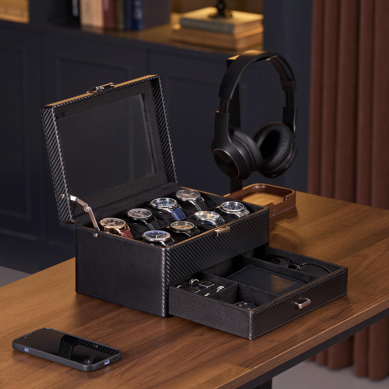 ProCase 8 Slot Scatola Orologio per Gli Uomini, Gioielli Organizzatore Scatola con Cassetto, Mostra Custodia con Coperchio di Vetro -Tutto Nero