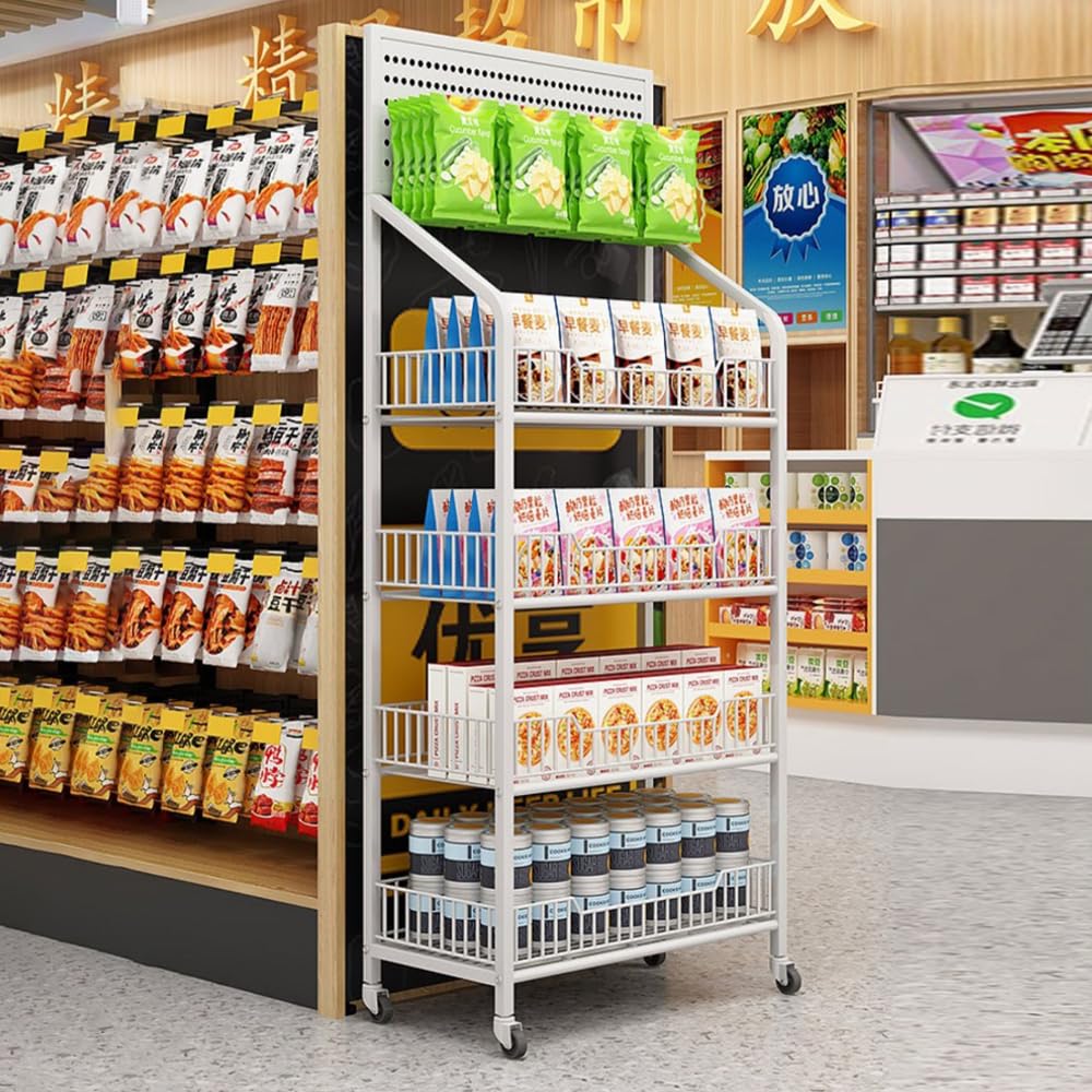Estante de exhibición de Metal para Venta minorista, Estante móvil para bocadillos y Dulces, Estante Grande para Papas Fritas, Organizador de bocadillos para Puestos de concesión,Blanca