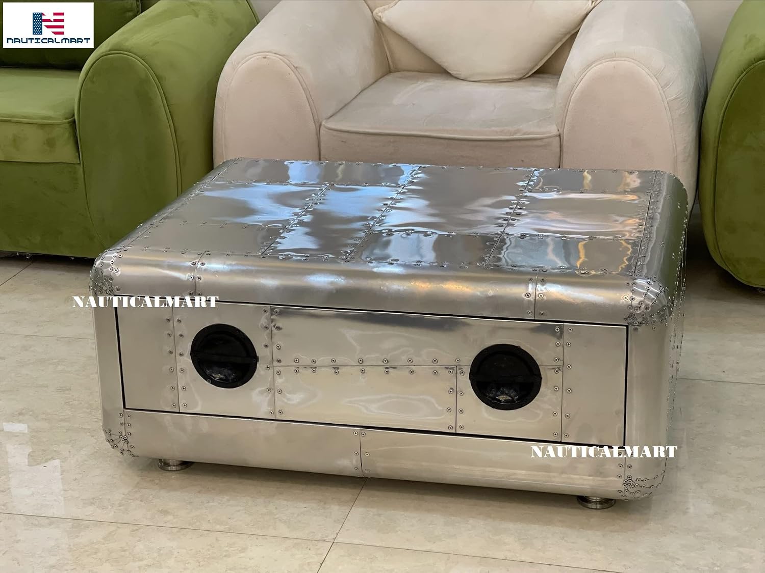 NauticalMart Vintage Aviator Coffee Table Aluminum Trunk with Storage – Home & Office Decor, Living Room Furniture