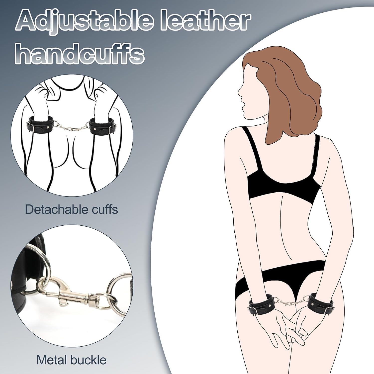 BDSM Bondage Wrist Thigh Cuffs and Ankle Sex Restraints Set, Sex Toys for Women with Adjustable Leg Straps Handcuffs, Leather 3 in 1 Kit for Couple Beginner SM Game Play (Black)