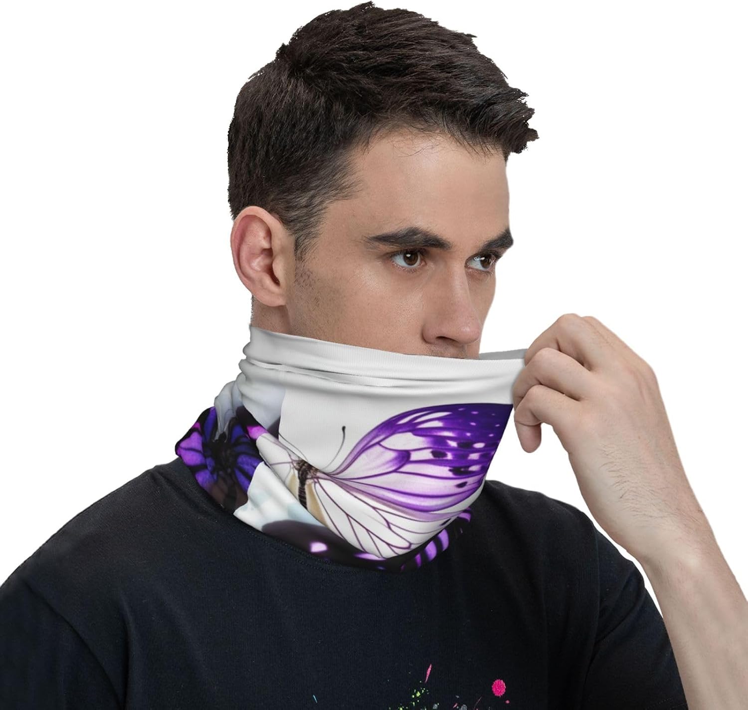 White Purple Butterflies Neck Gaiter UV Sun Protection Face Mask Scarf Cooling Breathable Face Cover for Men Women Elastic Balaclavas Versatile Bandana, Sun & Wind-proof for Skiing Hiking