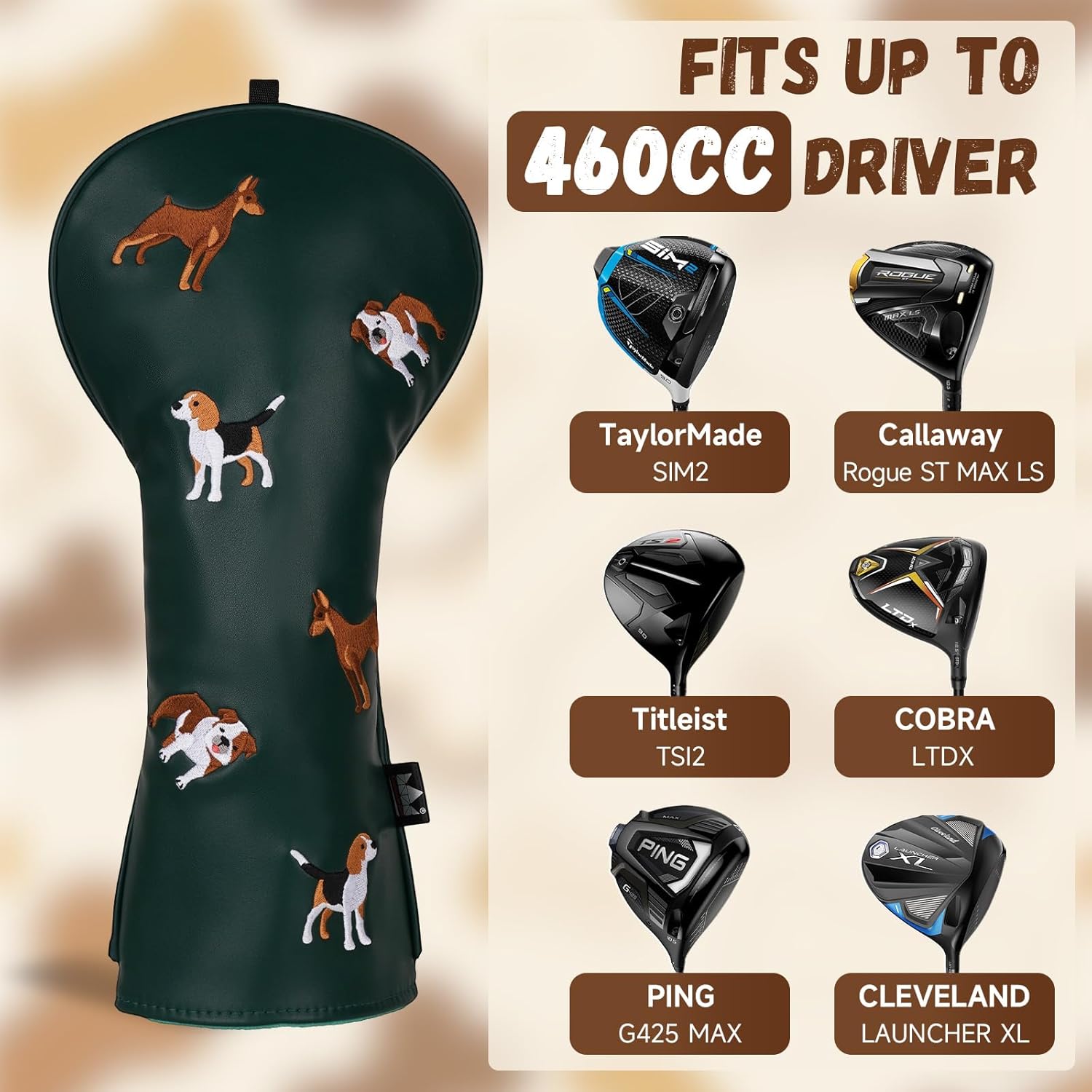 Craftsman Golf PU Leather Dog Embroidery 460cc Driver Headcover Fairway Wood Hybrids Putter Cover Cute Chocolate Lab Border Collie Beagle