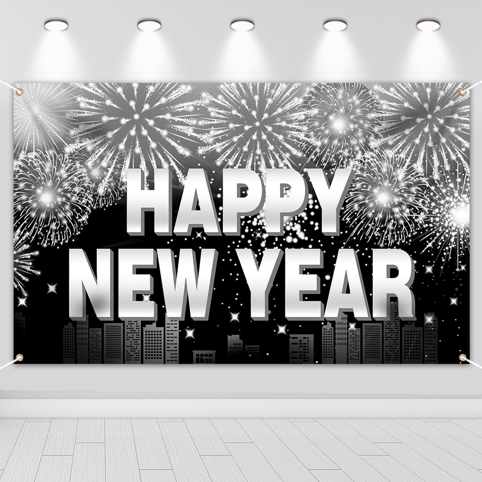 HOWAF New Years Eve Decorations 2026 Banner, Large Happy New Year Banner Backdrop Wall Fabric Background Photo Booth Props for NYE Party Decorations 2026, 185 x 110 cm, Black Silver