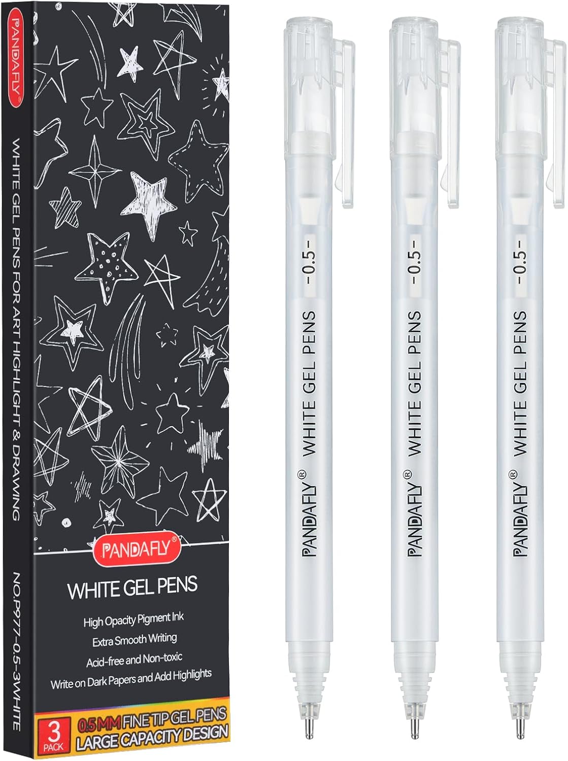 PANDAFLY White Gel Pens, 3-Pack, 0.5mm Fine Point Opaque Gel Ink Pens