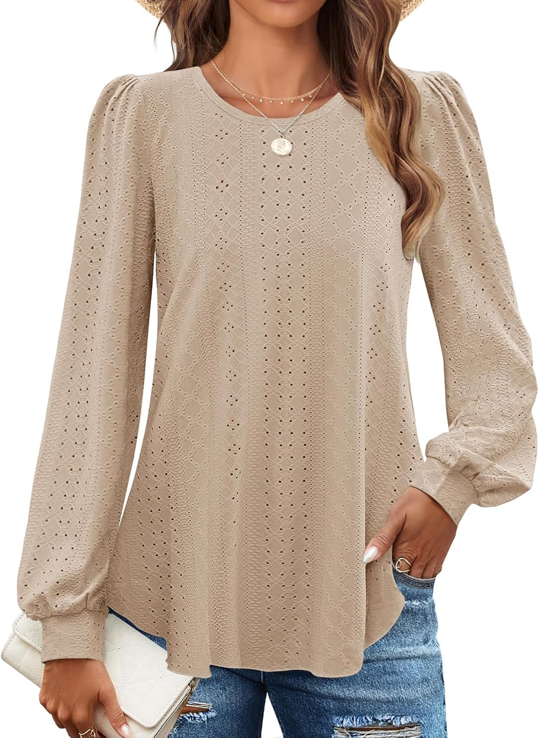 Flikity Womens Long Sleeve Tops Casual Crew Neck Eyelet Tops Puff Sleeve Ladies Blouses Spring Autumn Winter Tunic Clothes M-2XL