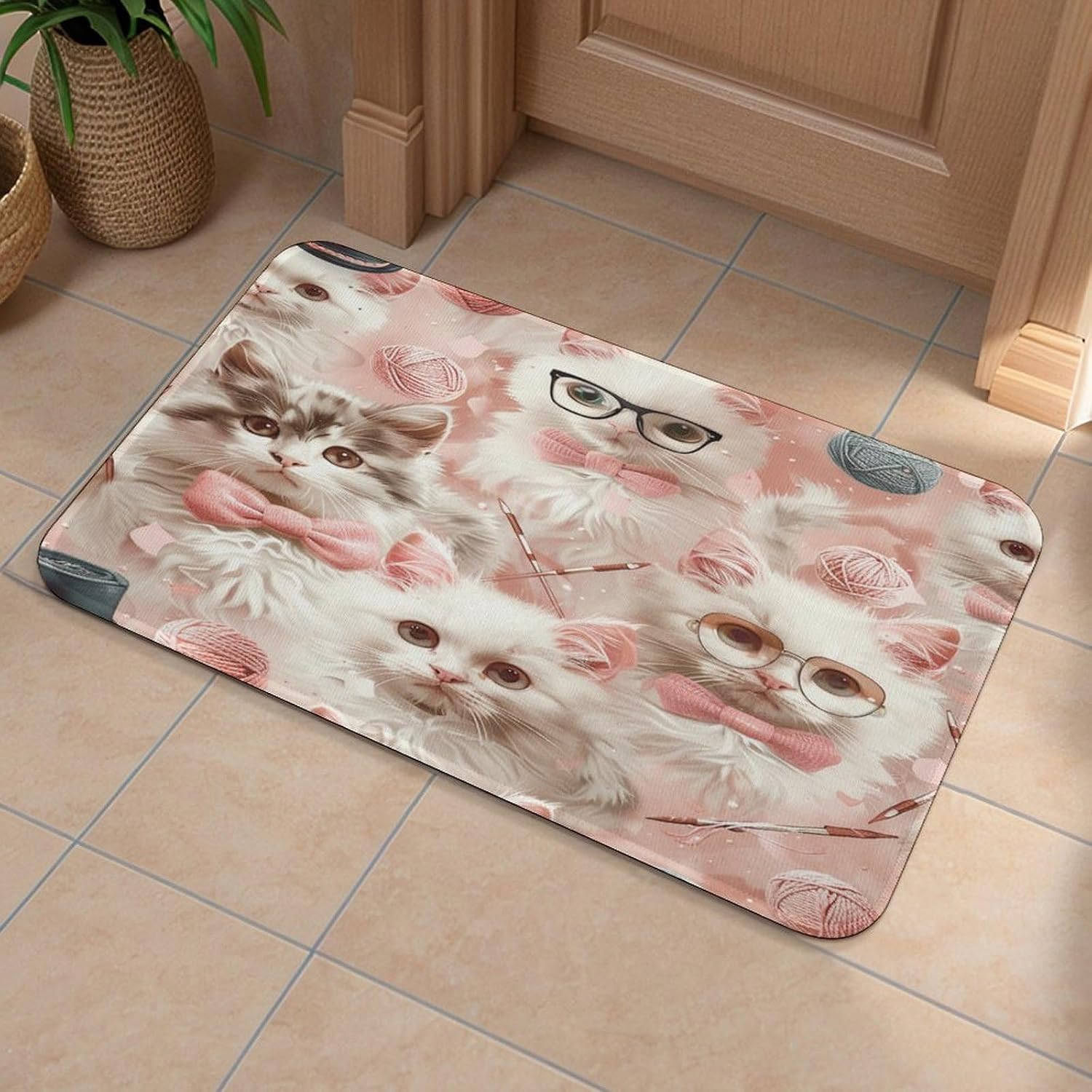 Modern Cartoon Cat Bowknot Bath Rug Mat, Washable Black Eyeglass Kitten Bathroom Rug Bathmat Runner for Floor Home Decor, 16"x24"