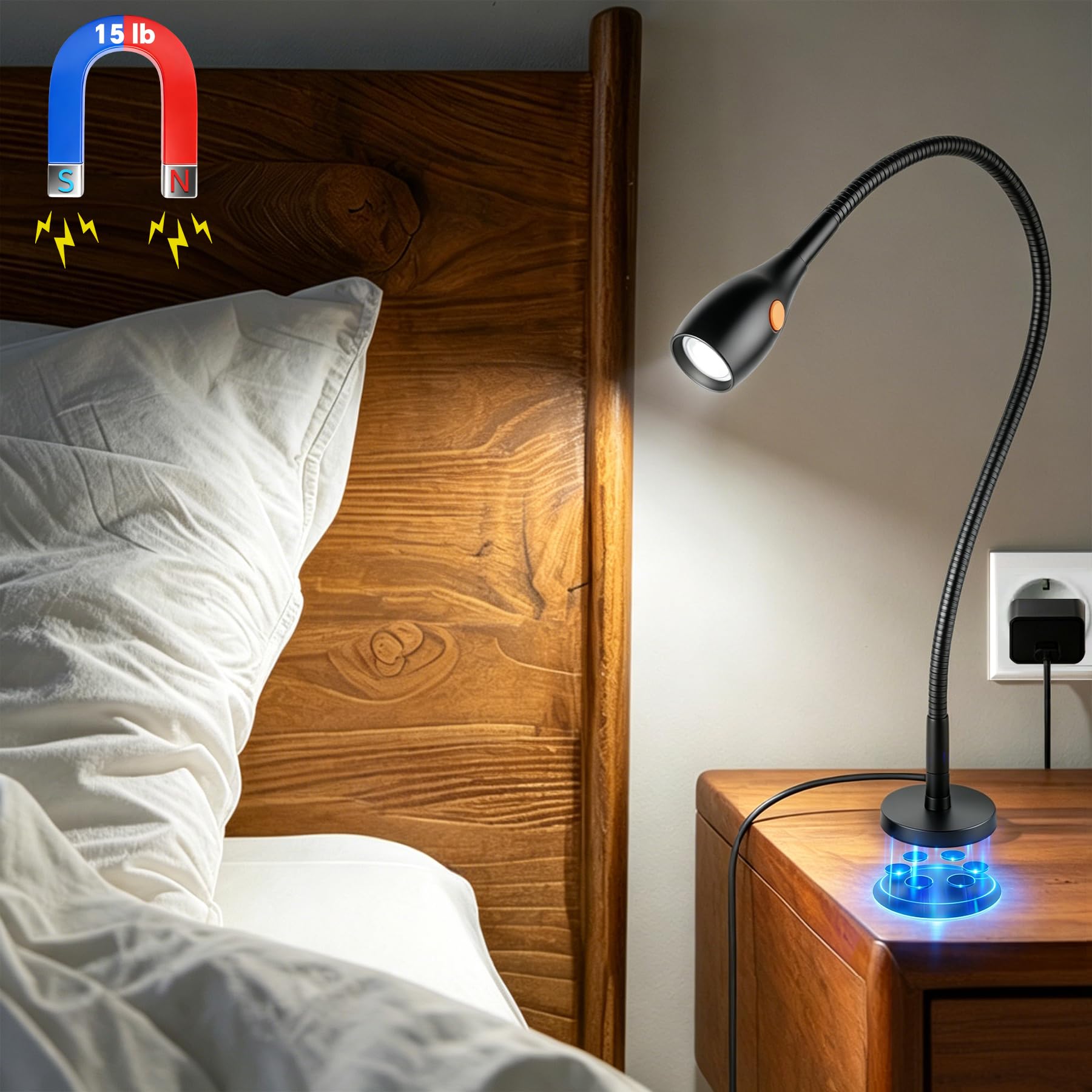 acegoo Magnetische Leselampe, Vollmetall Bett Lampe mit Flexible für Nachttisch und Buch Dimmbar, praktischer Schalter am Lampenkopf, 3000K/Amber LED CRI 90 (Schwarz)