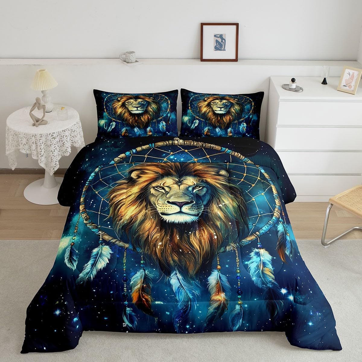 Manfei Lion Comforter Set Full Size,Lion Mane Wildlife Animal Bedding Set Kids Boys Men Room Decor,Dream Catcher Down Comforter Star Galaxy Duvet Insert,2 Pillowcases