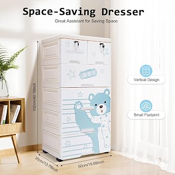 Plastic Drawers Dresser,Storage Cabinet with 6 Drawers, Closet Drawers Tall Dresser Organizer, Polar Bear Plastic Drawers for Clothes, Playroom, Bedroom Furniture
