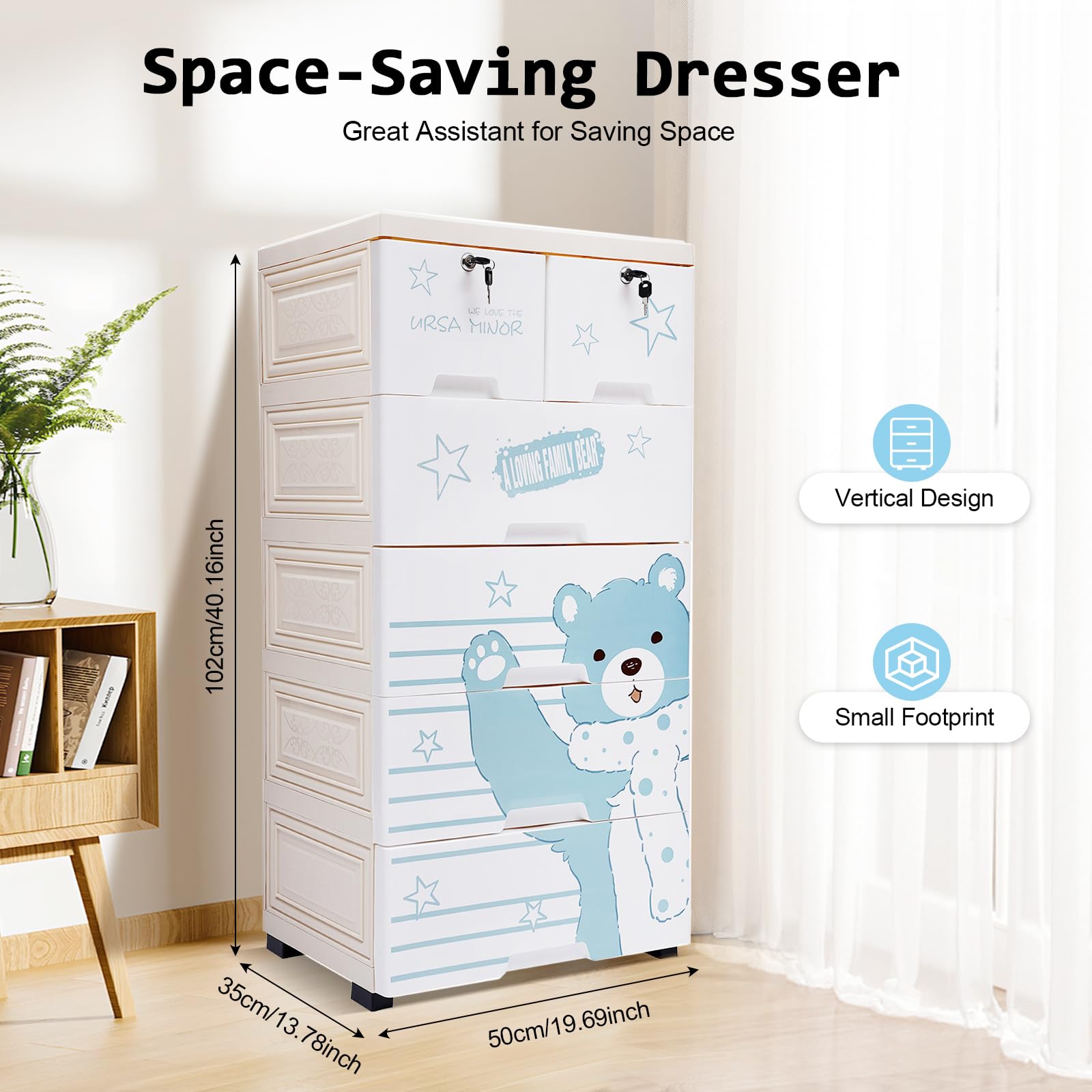 Ficwzw Plastic Dresser with 6 Drawers - Multi-Color Storage Cabinet for Kids, Cartoon Polar Bear Pattern, Modern Free Standing Organizer for Clothes, Ideal for Playroom and Bedroom
