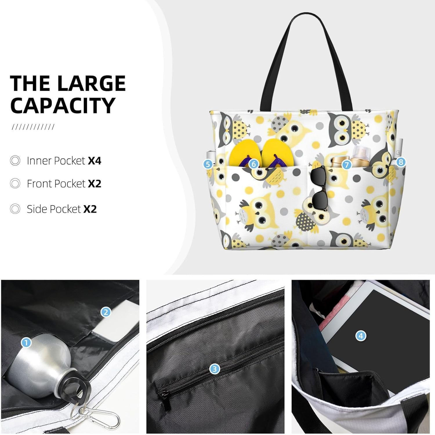 Animal Cartoon Owls Cute Print Large Capacity Beach Travel Bags with Zipper and Pockets for Travel Vacation Fitness