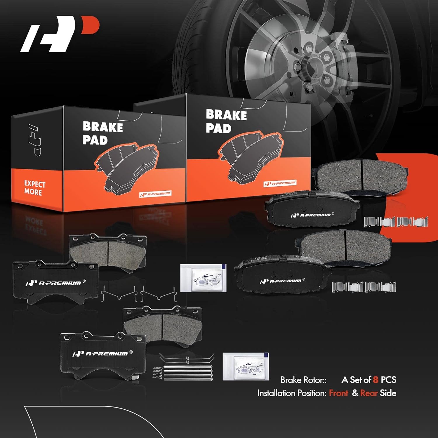A-Premium Front and Rear Ceramic Brake Pads Set Compatible with Lexus and Toyota Models - LX570/Land Cruiser 2008-2011/2013-2021, Sequoia 2008-2021, Tundra 2007-2021, 8-Pack