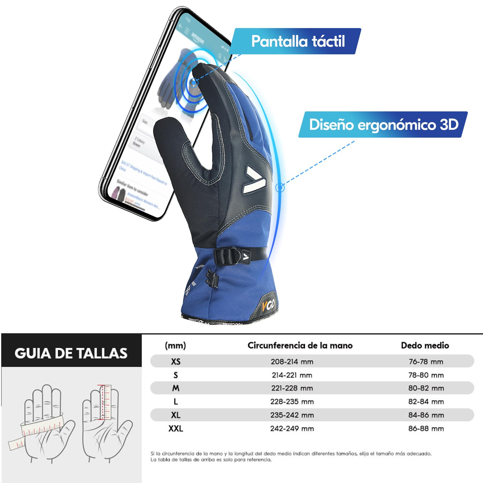 Vgo... Guantes Invierno Impermeables Hombre para Esquí Tienda Nevera Scooter Astillero, Touchscreen Guantes Térmicos -20C° Multifuncionales, 1 par GA7760FLWP