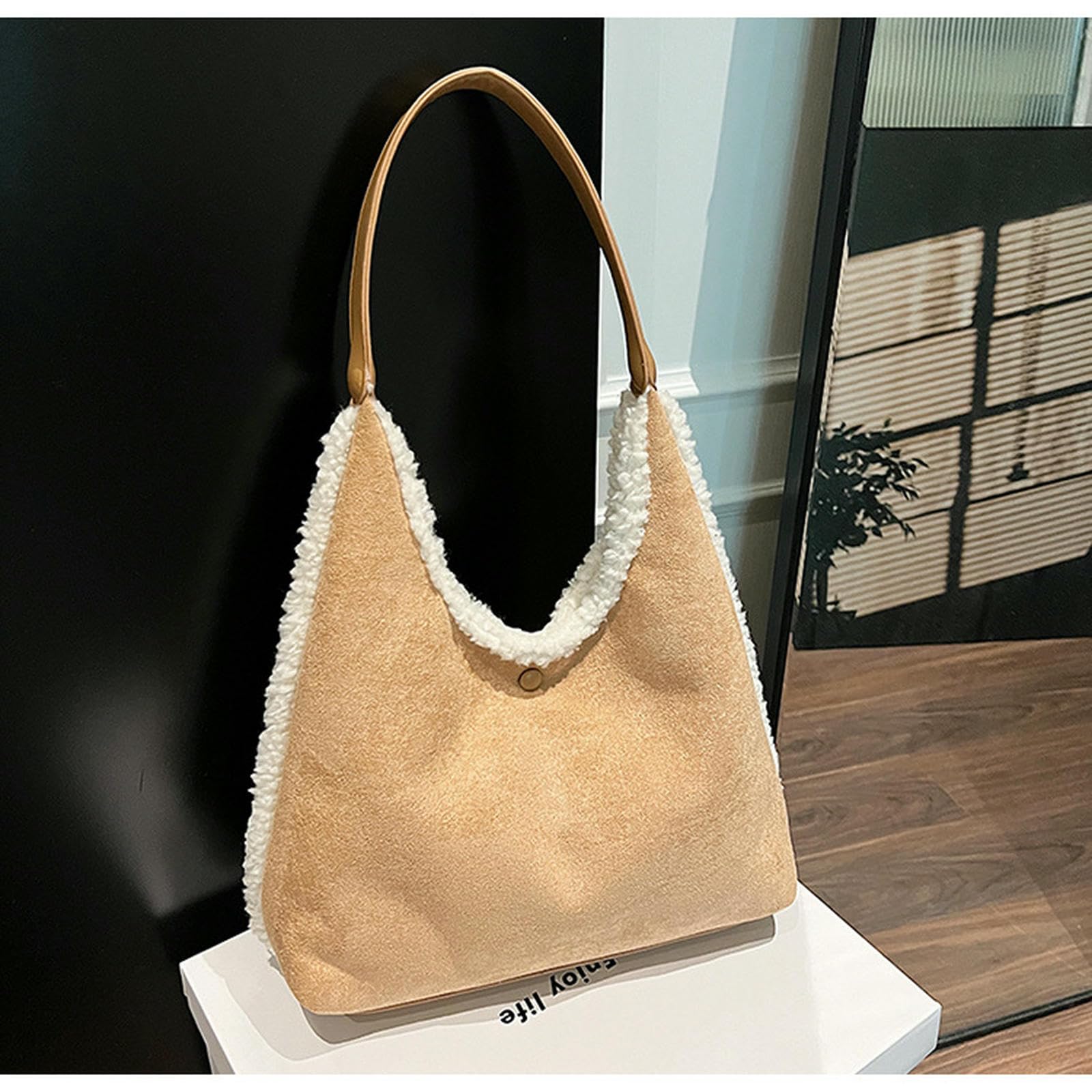 Frizione Donna Borsa A Mano in Pelle Scamosciata Tracolla da con Hobo Elegante Morbida Peluche Vintage Lana d'Agnello-Marrone Chiaro