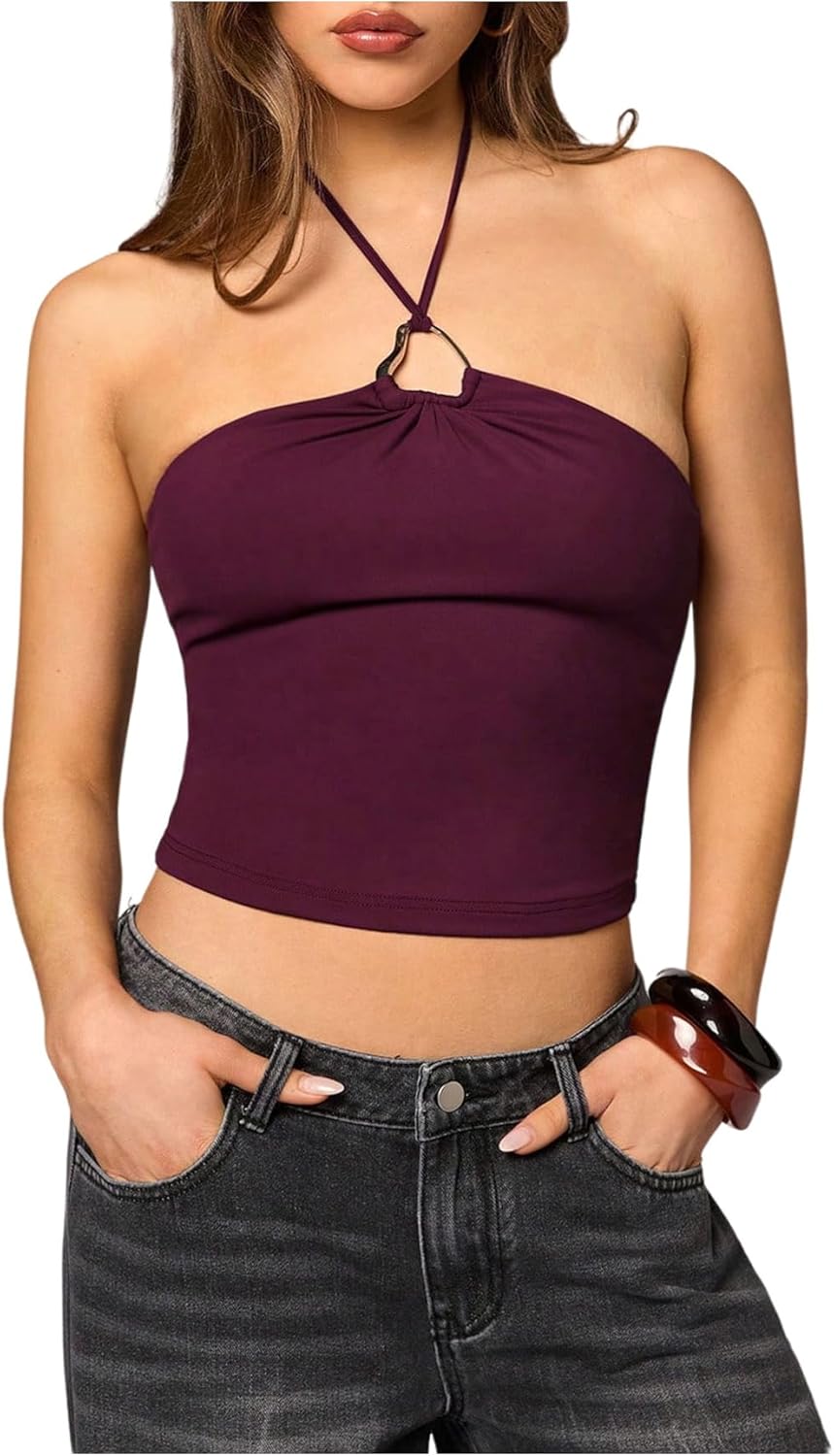 SweatyRocks Women's Halter Tops Crop Slim Backless Drawstring Tie Dressy Casual Spaghetti Strap Cami Tops