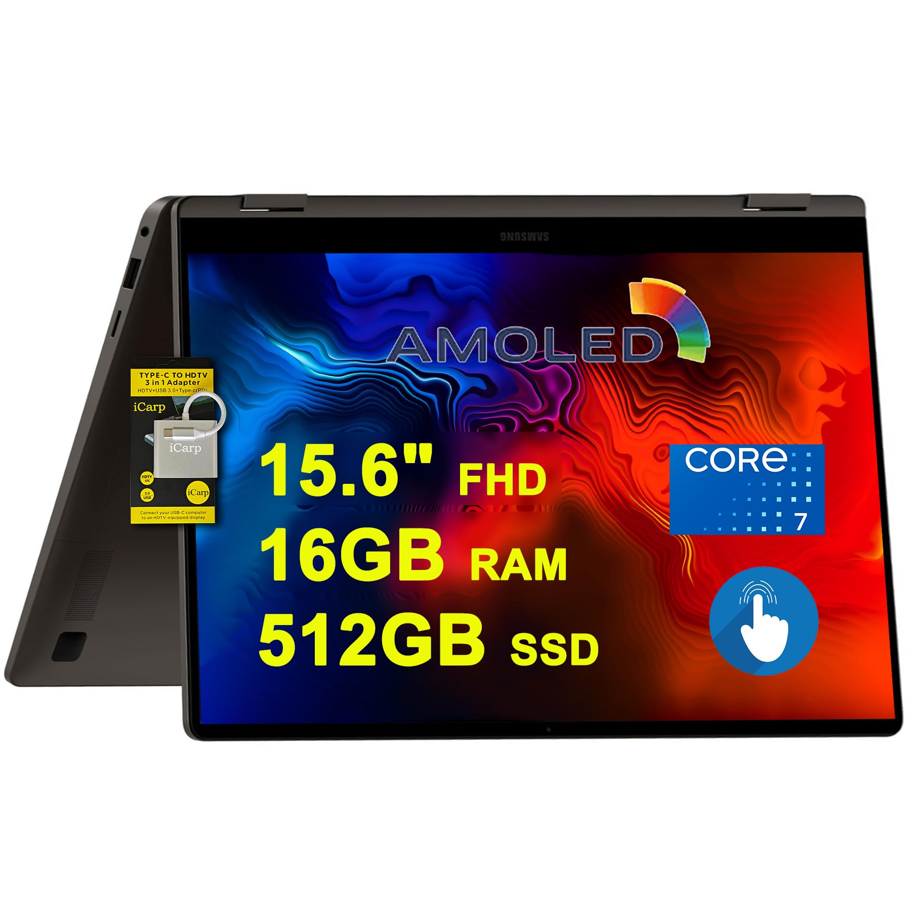 Samsung Galaxy Book4 360 2-in-1 Laptop 15.6" FHD AMOLED Touchscreen Intel 10-core Core 7 150U (Beats i7-1355U) 16GB RAM 512GB SSD Backlit Fingerprint Thunderbolt Wi-Fi6E Fast Charing Win11 ICP Hub