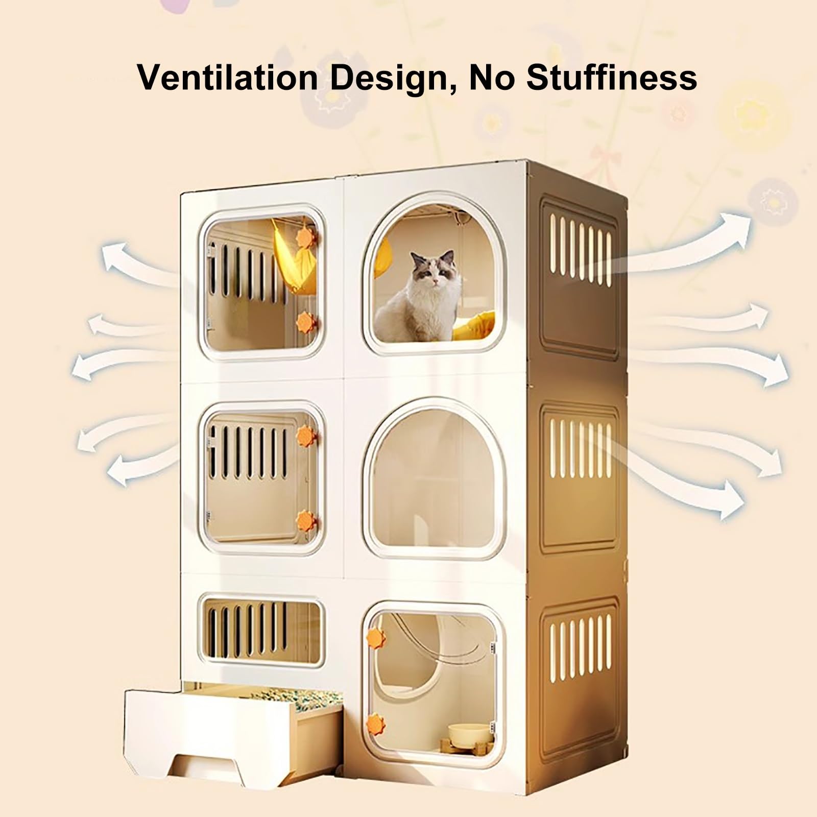 Jaula para Gatos con Ruedas, Jaulas para Gatos de Interior con Caja de Arena, Casa para Gatos de Interior, Recinto para Gatos de 2 Niveles para Bricolaje, para 1-2 Gatos