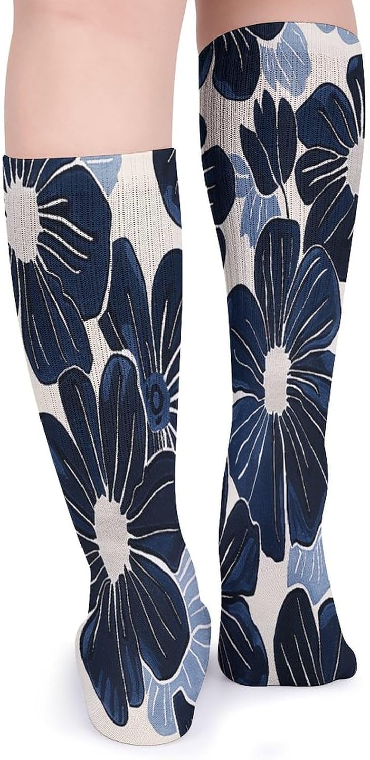 Navy Blue Flowers Crew Socks Casual Breathable Calf Socks | Cushion Running Athletic Socks Long Performance Breathable Sports Socks for Women Men