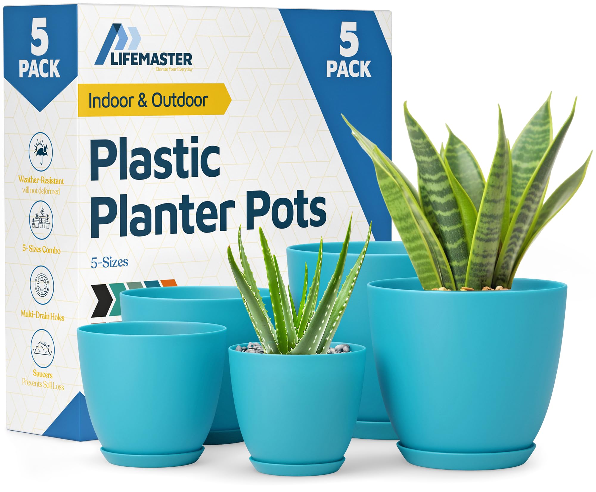 Lifemaster blue plastic plant pots set of 5