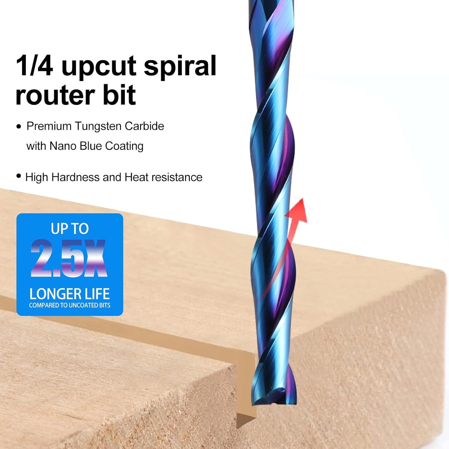 2 Pack Extra Long CNC Spiral Router Bits Up Cut 1/4 inch Shank, 2 inch Cutting Length Long Router Bits, 1/4 Carbide End Mill with Nano Blue Coated Spiral CNC Router Bit for Wood Carving