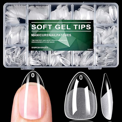 510 puntas de uñas cortas de almendra, punta de uñas de gel suave, uñas postizas de almendra, uñas artificiales, 15 tamaños, cobertura completa,