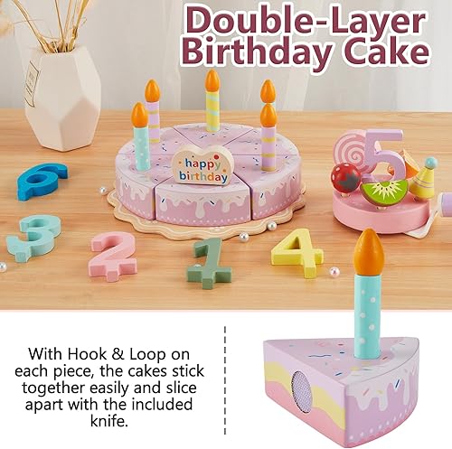 Miniatura 2 de HERSITY Juego de comida de juguete de madera para pastel de cumpleaños, juego de cocina para niños pequeños, juguetes de tarta, regalos para niños