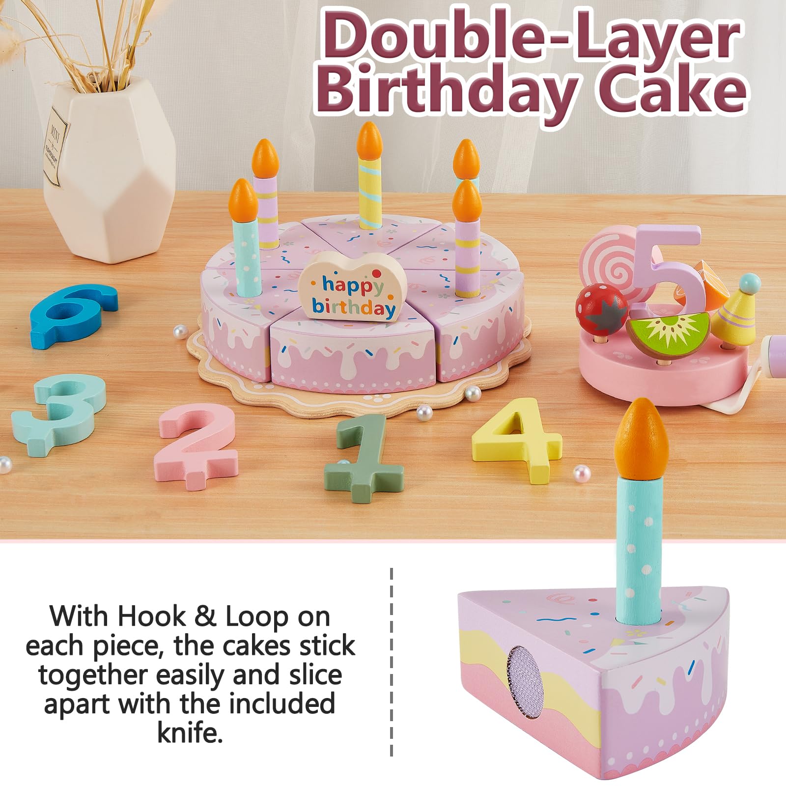 HERSITY Gateau Anniversaire en Bois Jouet Couper Boulangerie Enfant 3 Ans+ | Nourriture Découper, Accessoire Cuisine Dinette Jeux Enfant, Jouet Aliment Bois Cadeau pour Garçon Fille Enfant