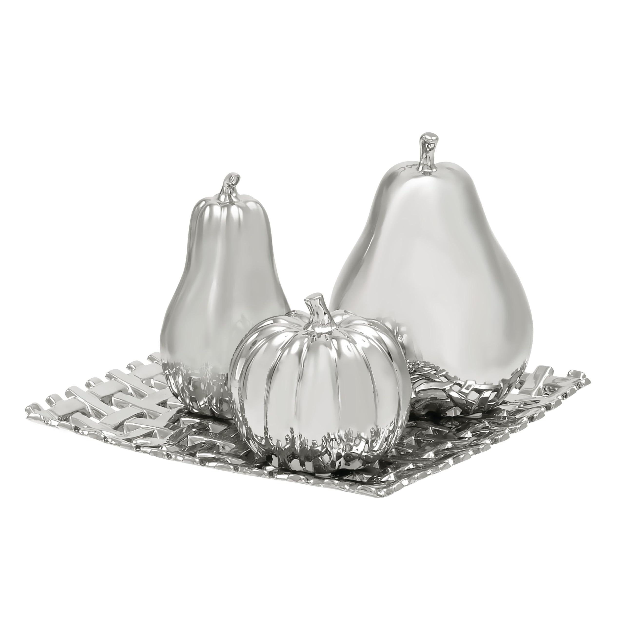 Deco 79 Ceramic Fruit Decorative Sculpture Pear, Pumpkin, and Squash Home Decor Statues with Decorative Grid Plate, Set of 4 Accent Figurines 12"W, 1"