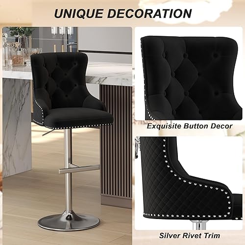 Miniatura 6 de Juego de 2 taburetes de bar, taburetes de bar giratorios de terciopelo ajustable en altura de mostrador con reposapiés, acolchado suave tapizado con