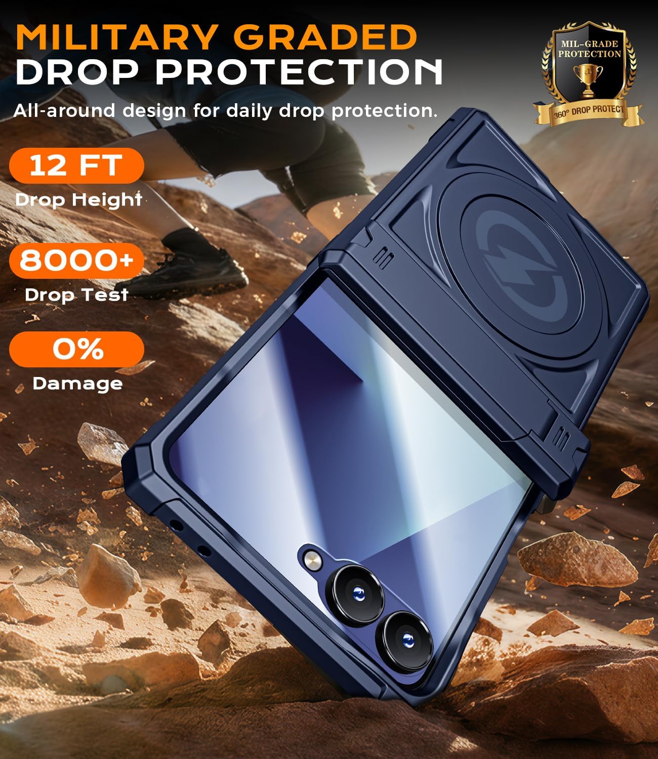 Magnetic case for Samsung Z-Flip-7: Full-Body Military Grade Protective Phone Case [Magsafe Compatible][Dual Kickstand] Heavy Duty Cover for Galaxy Z Flip 7 5G(2025) Blue