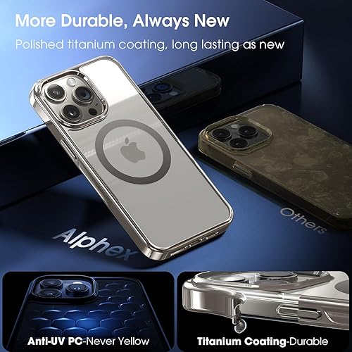 Miniatura 5 de Alphex Funda de titanio pulido para MagSafe Phone 15 Pro, protección contra caídas de grado militar de 12 pies a prueba de golpes, funda magnética