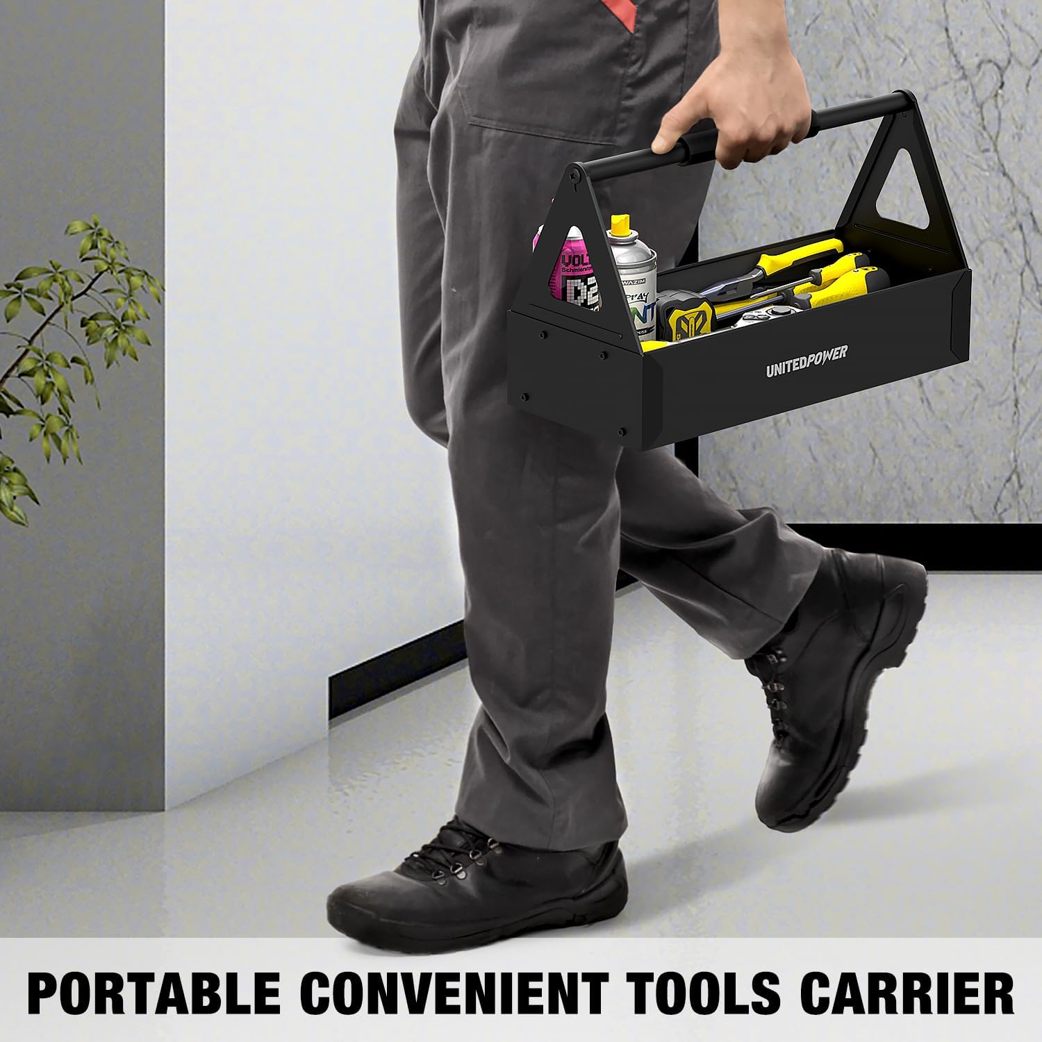 UNITEDPOWER Handy Tool Box, Portable Metal Tote Tray with comfortable grip handle, Tool Organization for Household, Warehouse, Repair Shop, Black