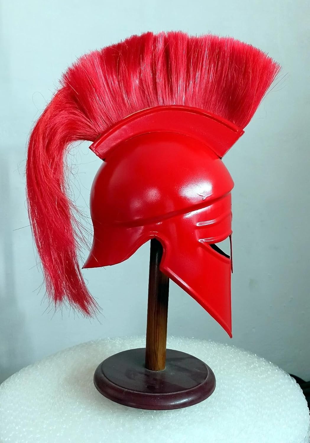 Medieval Roman Corinthian Helmet, Red Metal Construction with Horsehair Plume, One Size Fits Most Adults, Display Stand Included, Gladiator Theme, 14 Years and Up