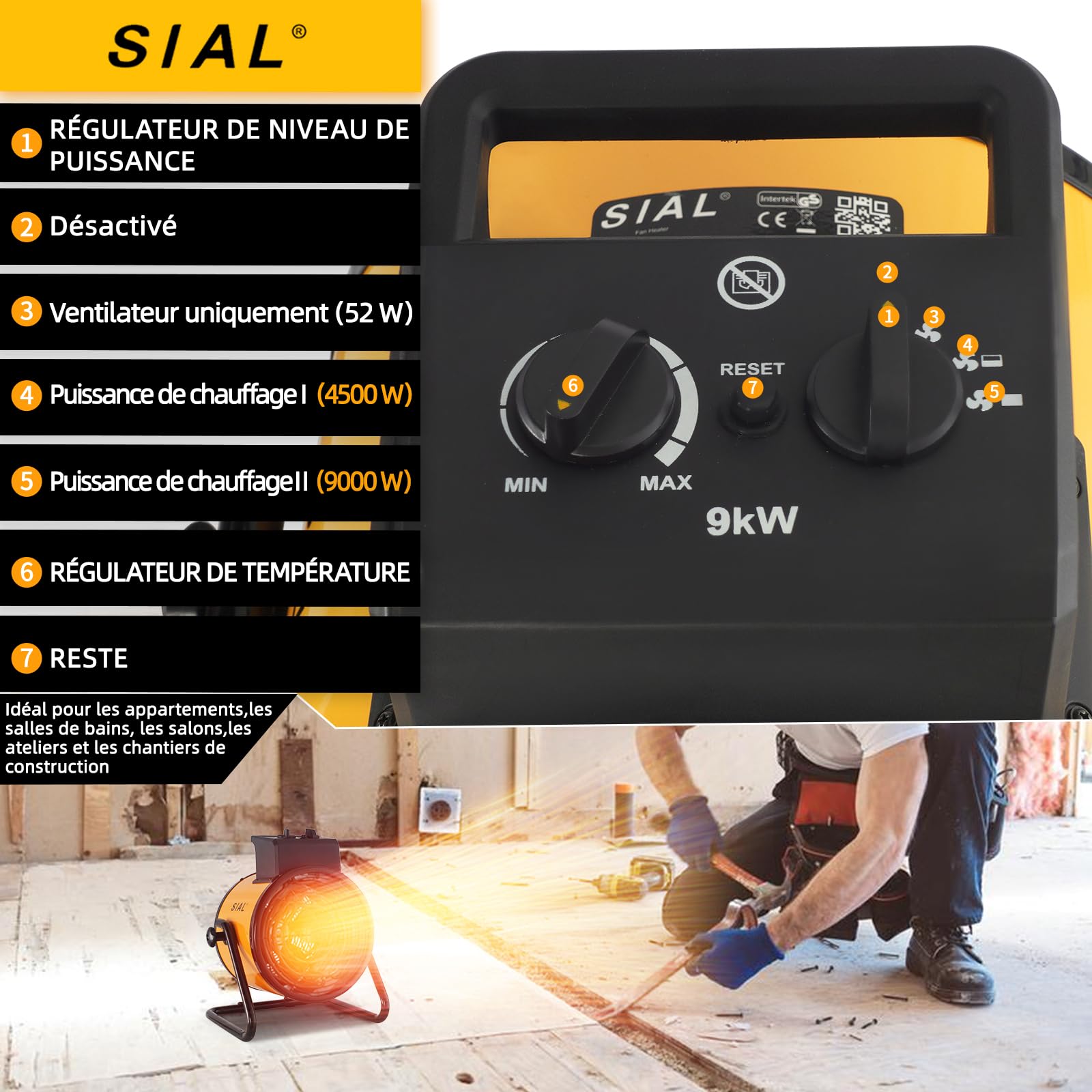 SIAL Industriel Radiateur électrique - 9000W, 400V Chauffage Soufflant - Pour Chantier, Atelier Ou Garage (Jaune)