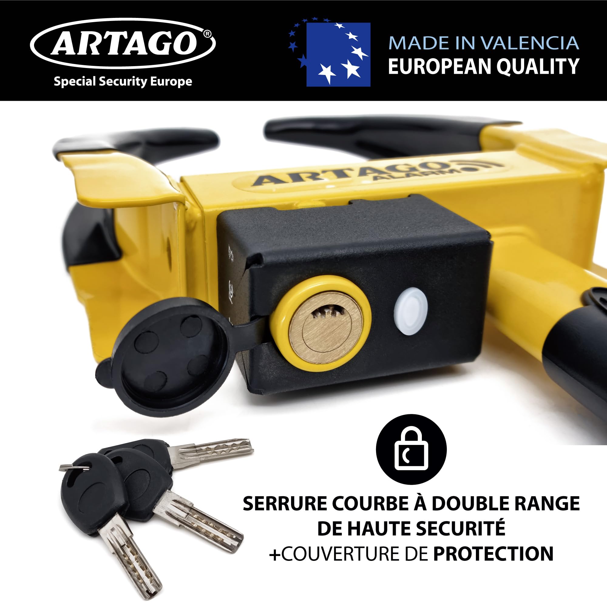 ARTAGO ART872 Antivol Voiture Sabot Roue Haut de Gamme, 2en1 Sans/Avec Alarme 120dB Alerte LED Plus Sûr et Dissuasif, Clés Haute Sécurité, Bloque Anti vol Caravane Universel Auto Camping-Car Remorque