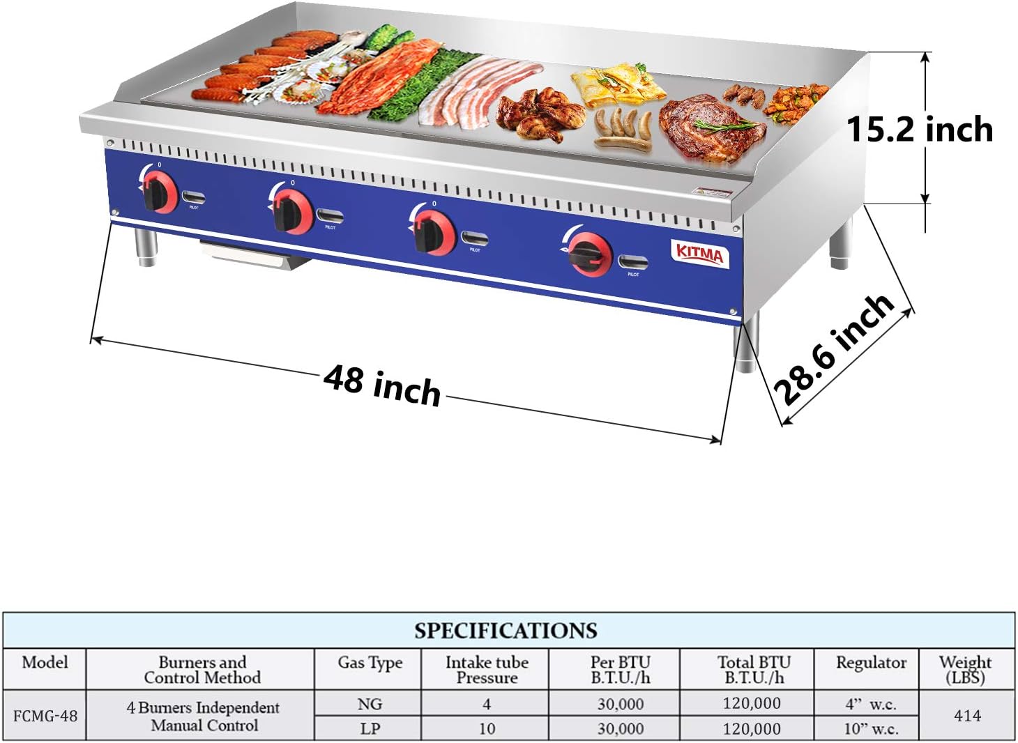 KITMA 48 Inch Commercial Propane Griddles - Liquid Propane Flat Top Griddle, 4 Burner Independent Manual Control, 120,000 BTU : Industrial & Scientific