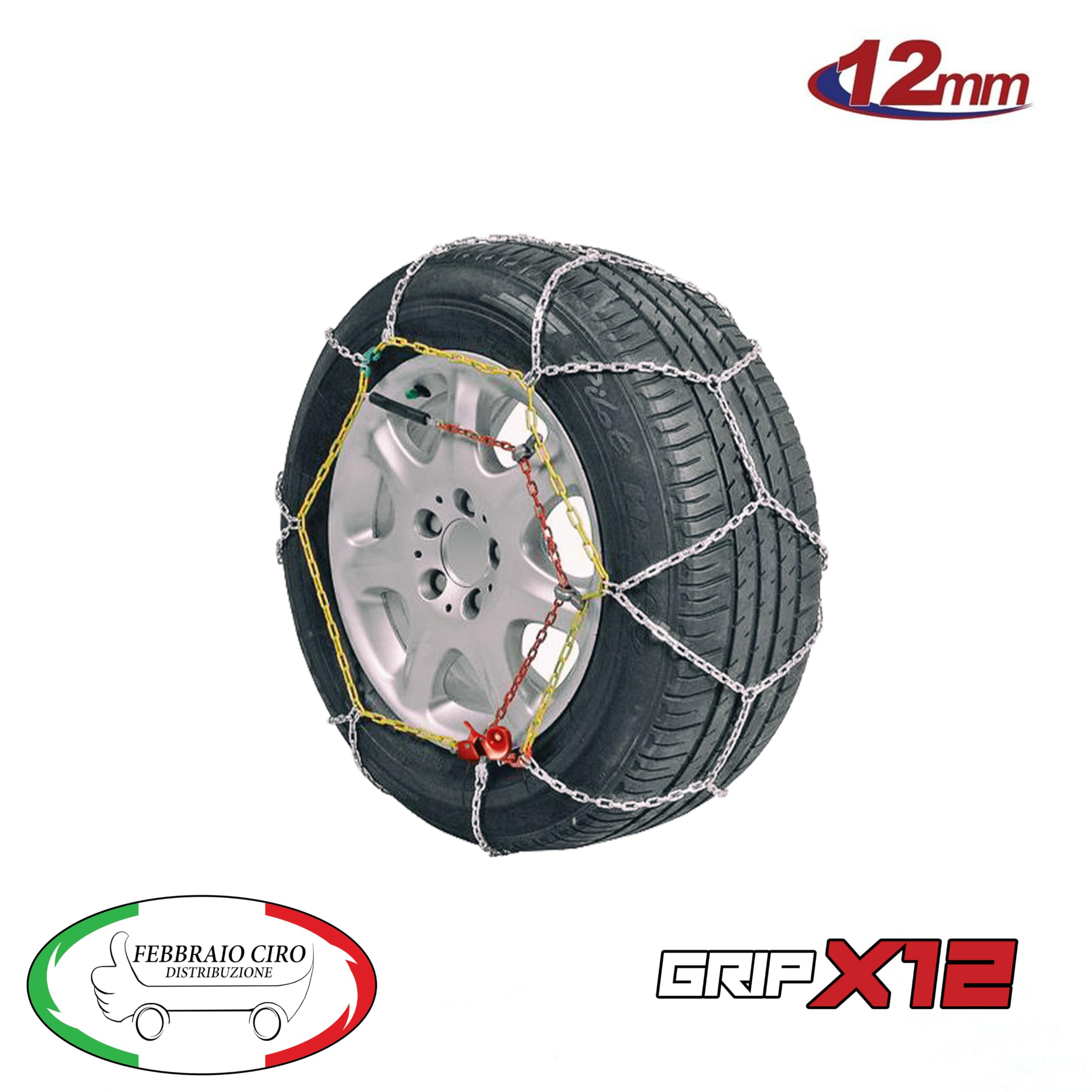 GRIPX12 - Catene da Neve 12mm | Montaggio Facile con Tensore Auto-bloccante | Omologate TÜV e GS | Compatibile con Varie Misure di Pneumatici, 12 MM Gruppo 95, Lega di Acciaio