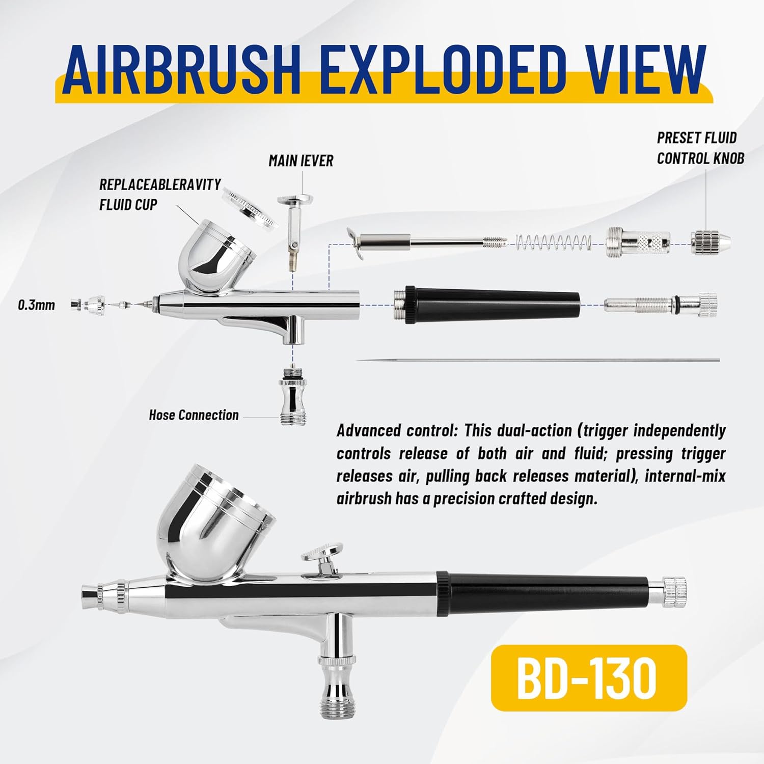 Exploded view diagram of the Timbertech BD-130 airbrush