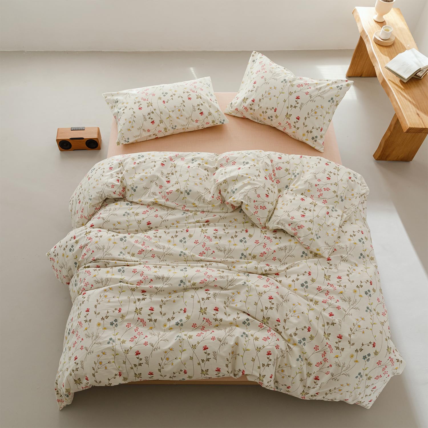 Luowei Mädchen Blumen Bettwäsche 135x200 cm Baumwolle Beige Weich Aesthetic Bettbezug Sommer Bunt Blumen Muster 100% Baumwolle Bettwäsche Sets mit Reißverschluss und 1 Kissenbezug 80x80cm