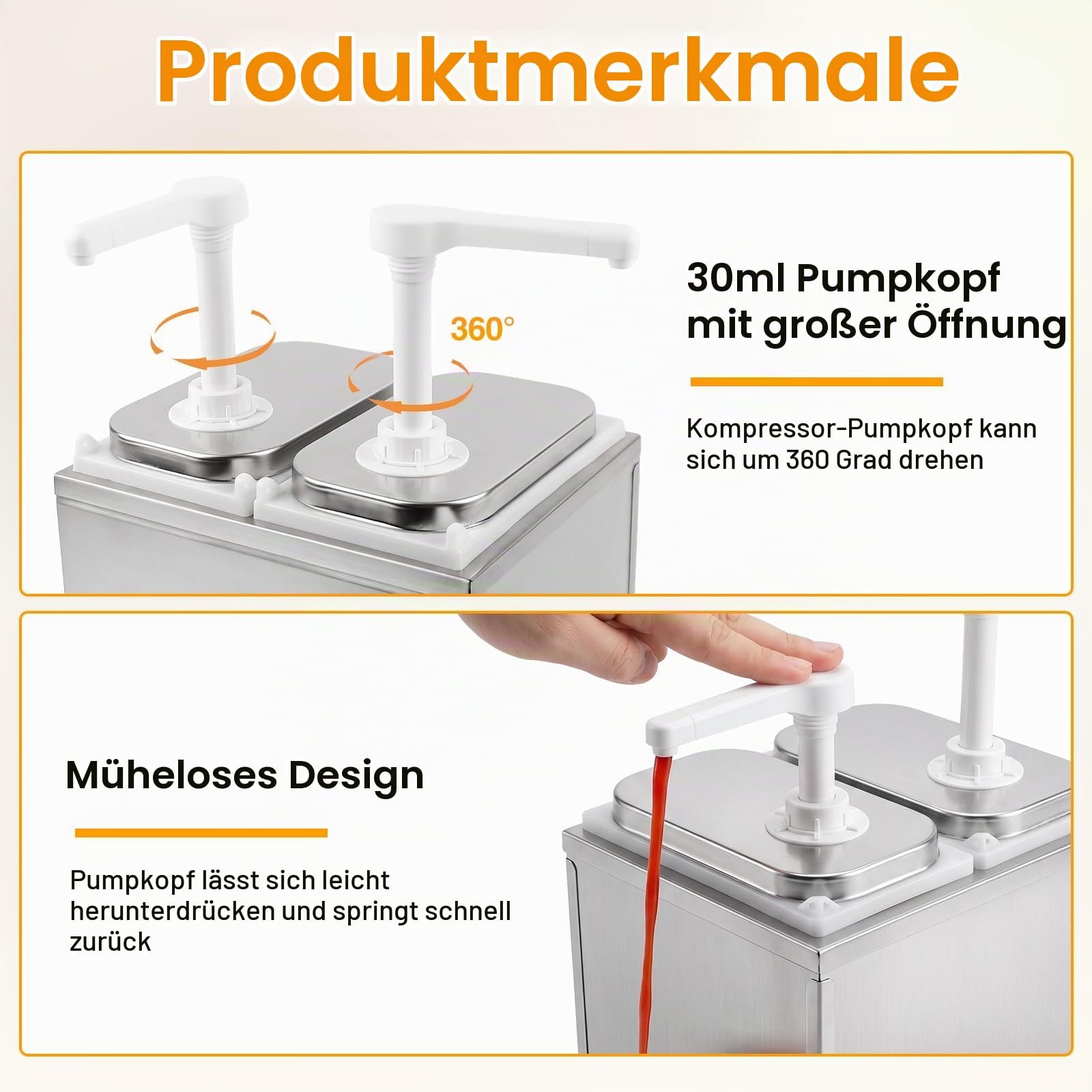 4L Ketchup Spender, Saucenspender Pumpstation, Soßenspender 304 Edelstahl Lebensmittelecht, Tropffrei 30ml pro Pumpstoß, Spülmaschinenfest, Ideal für Ketchup, Mayo, Senf, Gastro Saucen-Spender, 2x 2L